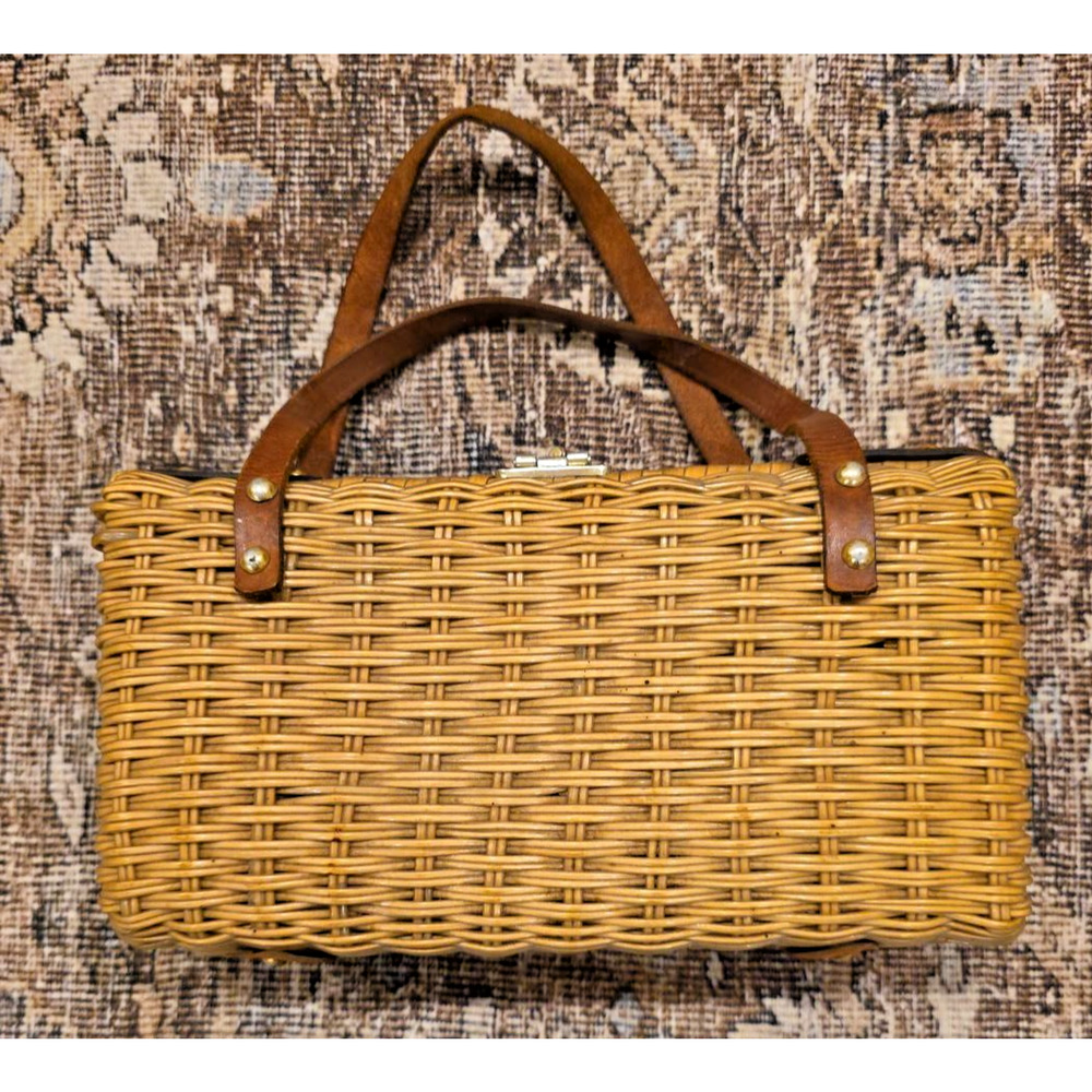 Hong Kong Coated Wicker Basket Purse Vtg 60s Mod Geometric Box Handbag MCM Retro - Picture 2 of 12